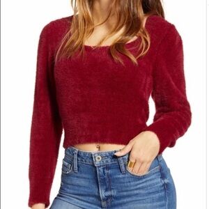 Astr The Label Wine Red Fuzzy Crop Sweater | Size Large